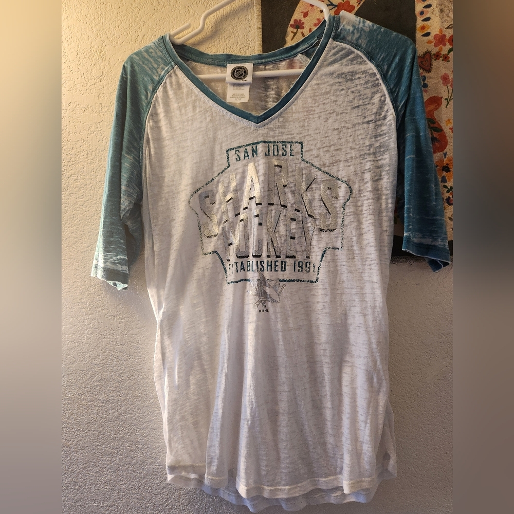 Womens SJ SHARKS NHL Blue and White Long Sleeve Tees